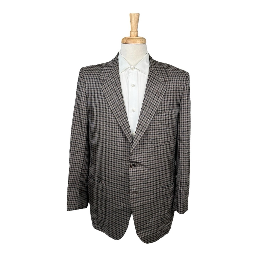 Oxxford Clothes Brown Black Checked Half Lined Pure Wool Men's Blazer Size 42T